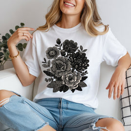 Faux Embroidered Black Flowers